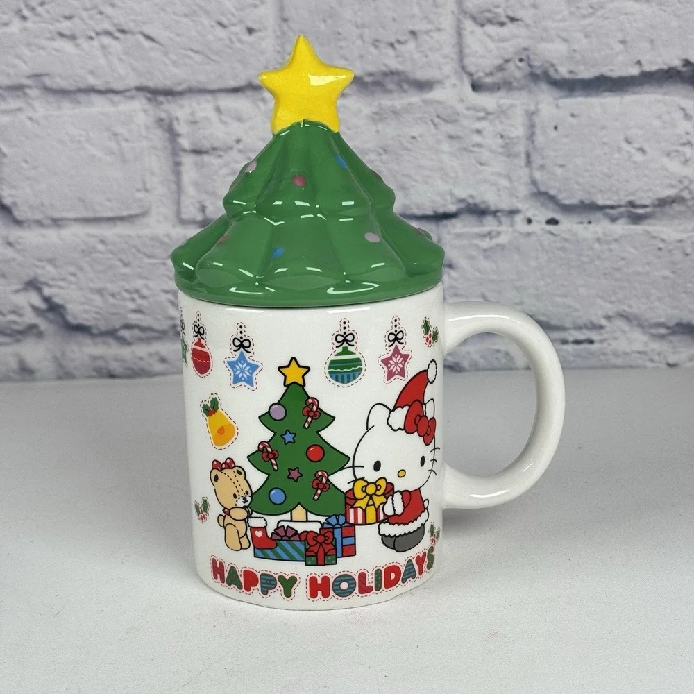 Hello Kitty Happy Holidays Ceramic Coffee Tea Cup Mug With 3D Christmas Tree Lid
